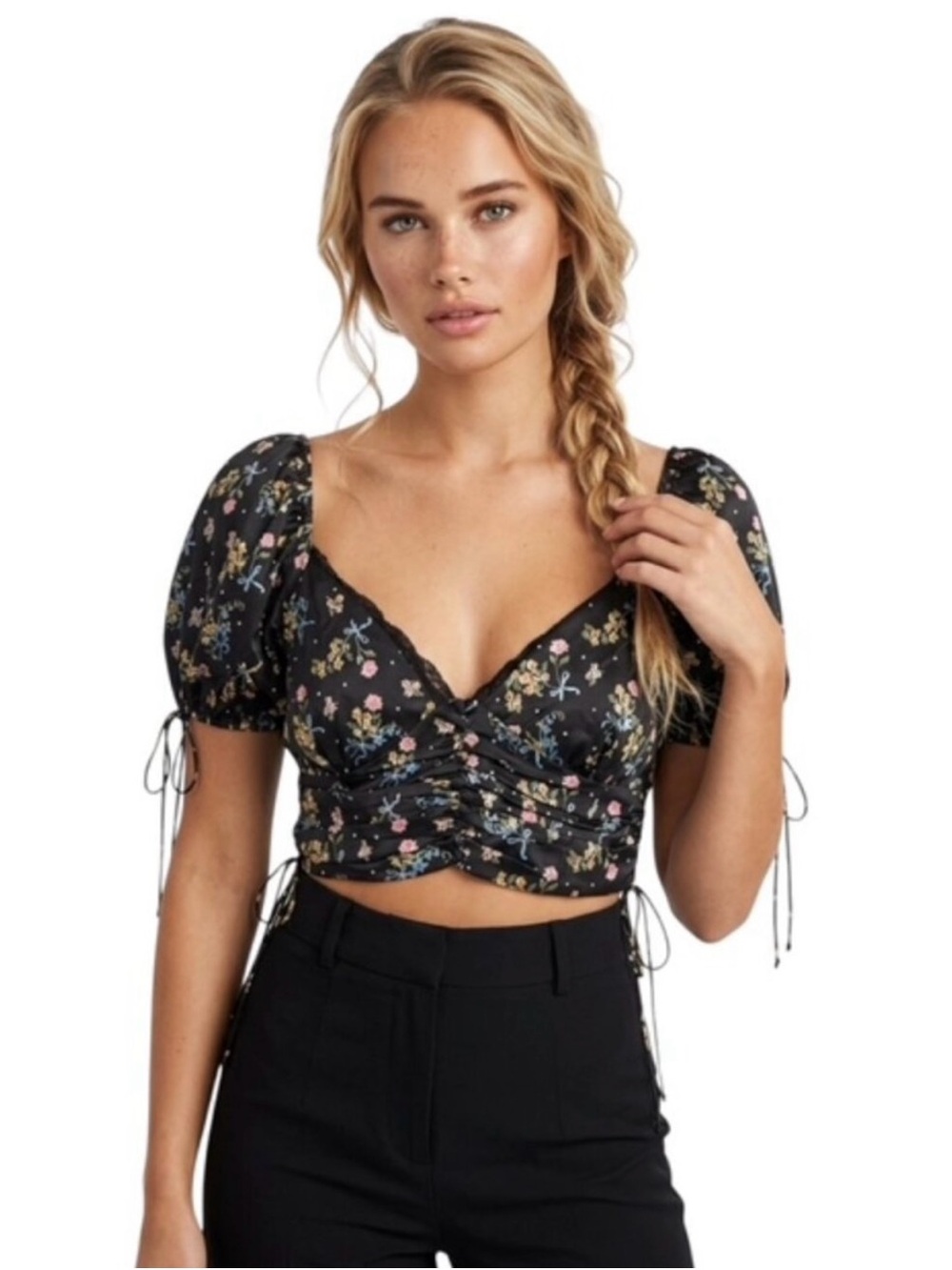 For Love and Lemons Floral Ruched Crop Top with Puff Sleeves - Black